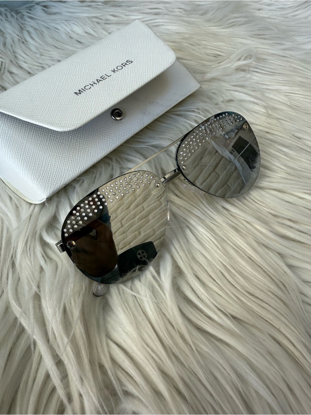 Michael Kors Silver Mirrored Aviator Sunglasses with Crystal Accents